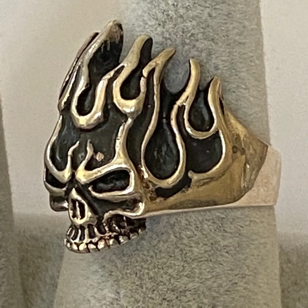 925 Silver flame skull ring burn burning head